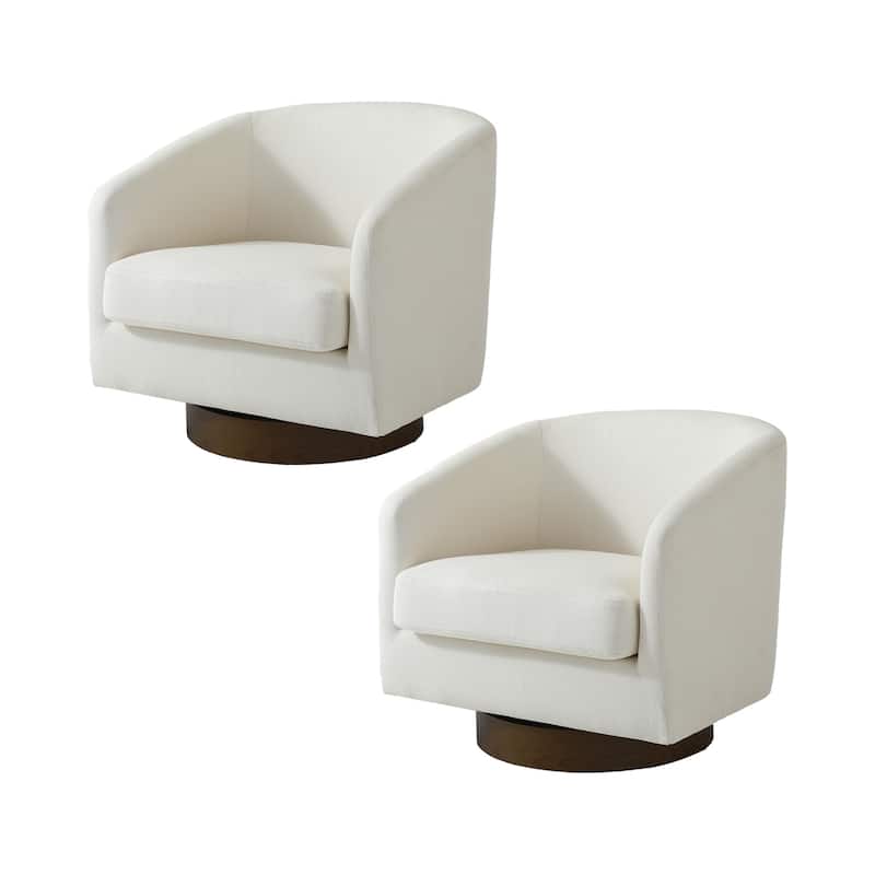 Faux Leather Wide Seat Swivel Barrel Chair - 2 Set/Brown Base - Beige/Linen