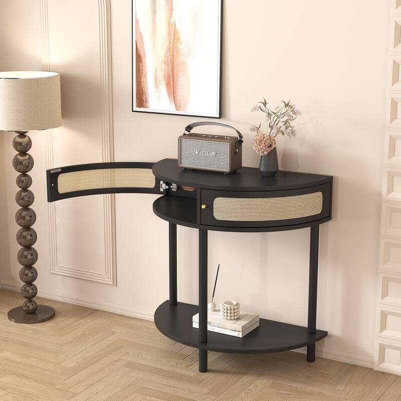Unique Half Moon Design End Table ,Elegant Semicircle Sofa Side Table with 2 Rattan Storage Cabinet and Bottom Shelf