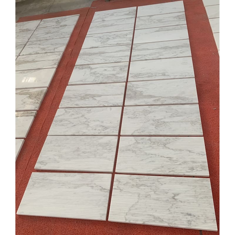 Roomfitters Natural Marble Wall Tile, OL Textured 3D Fluted Stone, Genuine Marble, 4-Piece Box, White