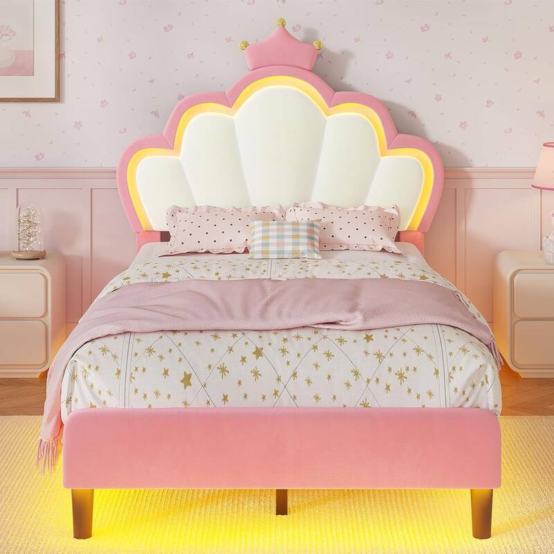 Bed Frame LED Lights Girls Bed Princess Crown Velvet Upholstered Platform Bed - Beige & Pink - Twin