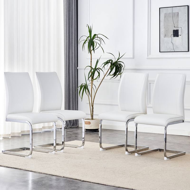 Luxury Simple Arch Chair - Set Of 4 Pu Material High Resilience Dining Chair With Arched Metal Silver Leg - White+Silver