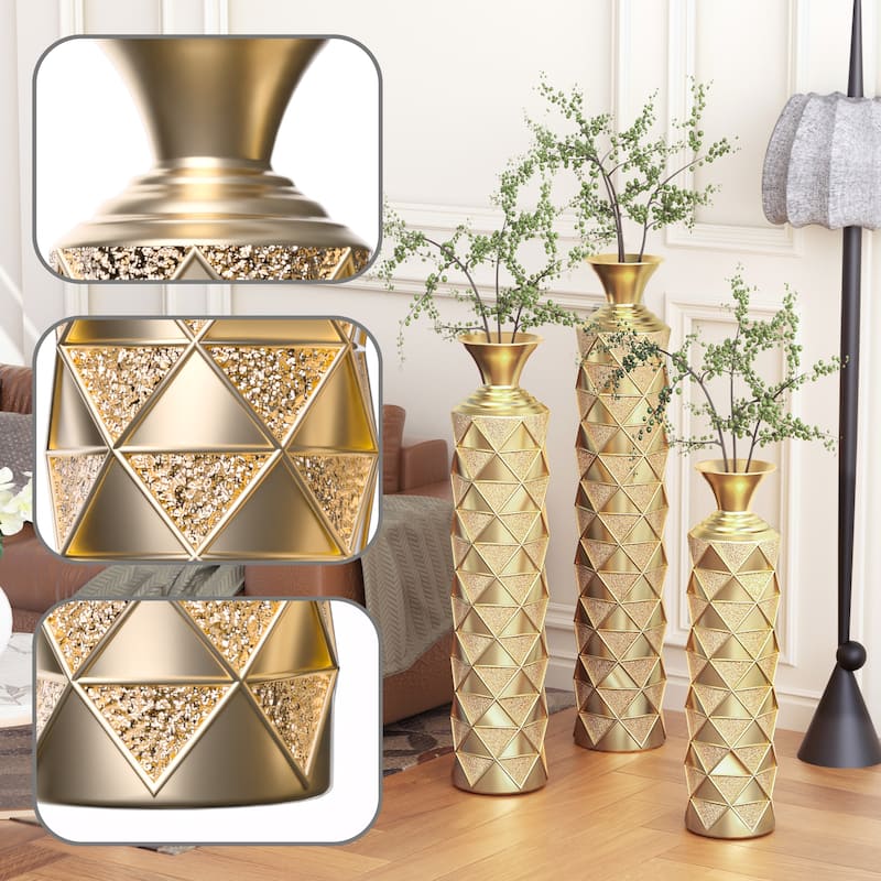 Floor Metal Decorative Vase Tall Distressed Metallic Centerpiece Vases with Pattern, Set of 3 Vases