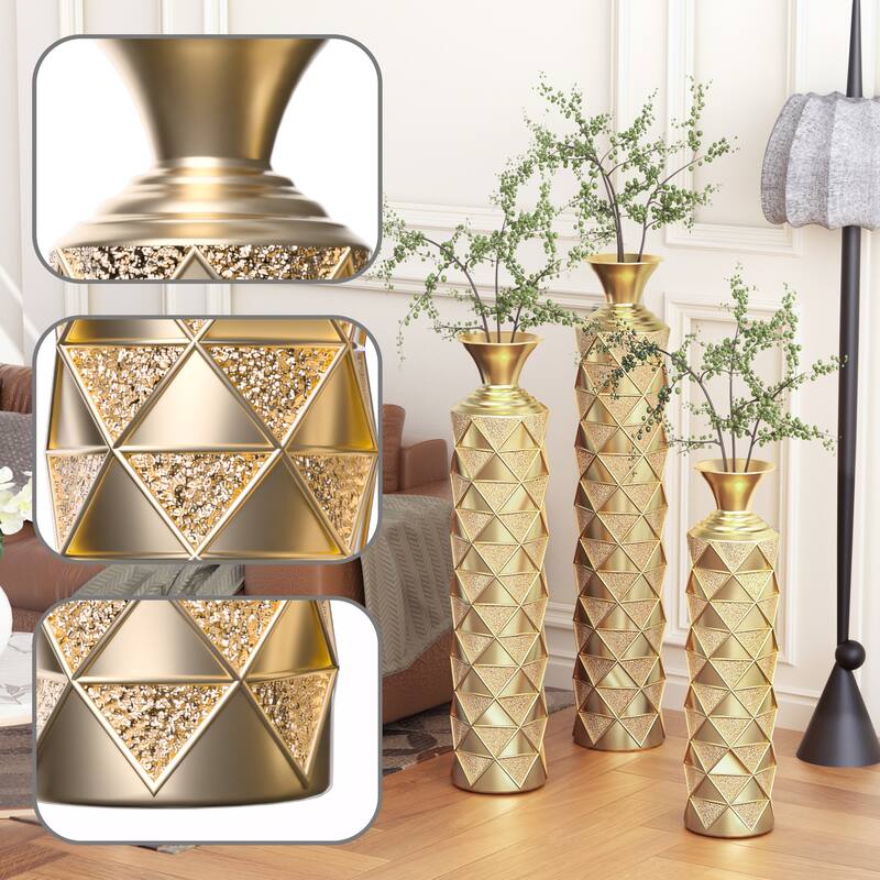 Metal decorative vase High Distress Metal center vase with 3D triangle pattern, set of 3 vases 33.5 ", 29.5 ", 25.2 "high