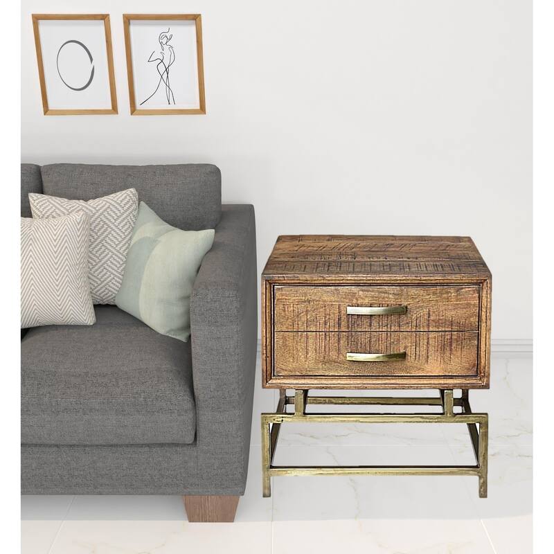 HomeRoots 21" Brass And Brown Solid Wood And Iron Square End Table With Drawer - 20