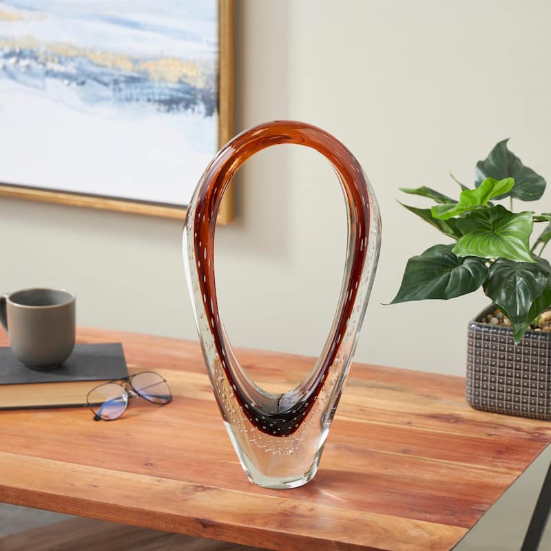 Dark Blue or Copper Glass Cutout Oval Ombre Abstract Sculpture with Bubble Texturing and Clear Accents