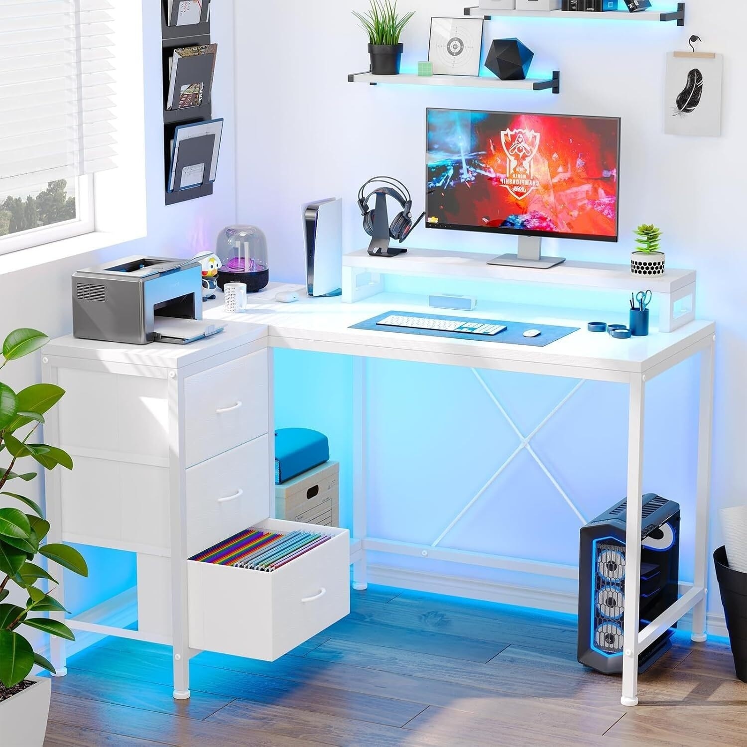 L-Shaped Computer Desk with 4 Power Outlets, 2 USB Ports, 7-Color LED Lights