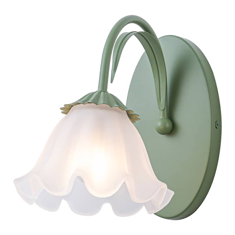 Green Metal Flower Frosted Glass Wall Sconce for Bathroom Vanity