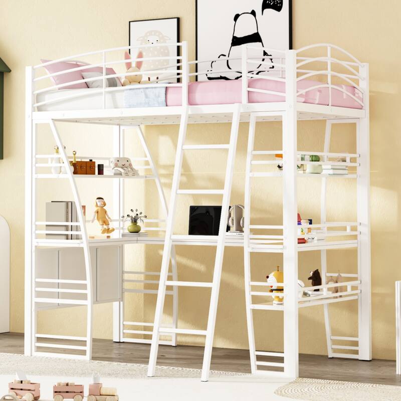 Full/Twin Loft Bed with L-Shaped Desk, 4 Storage Shelves, Sockets, USB Ports, Wireless Charging, and Metal Frame