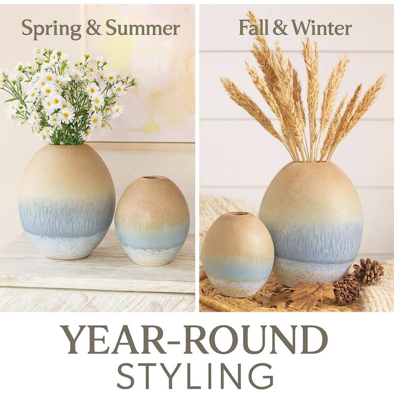 Aria Home Ombre Coastal Ceramic Oval Vase Set of 2 with Elegant Finish