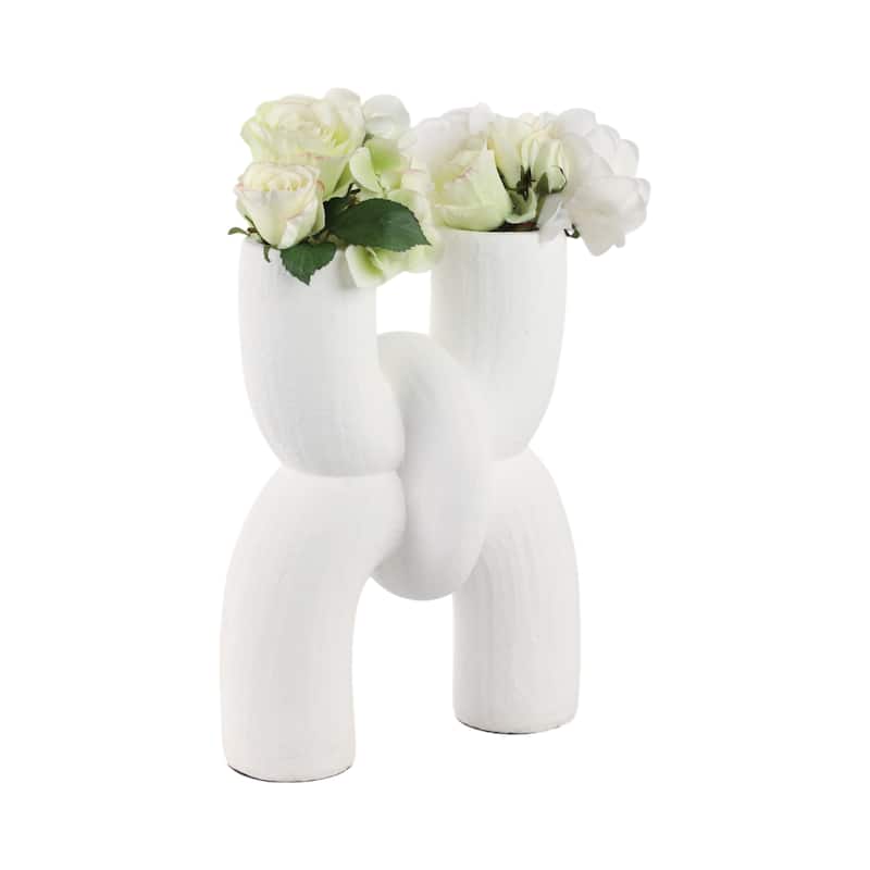 Pottery Terracotta Vase with Sculptural Dual Opening - 15" White