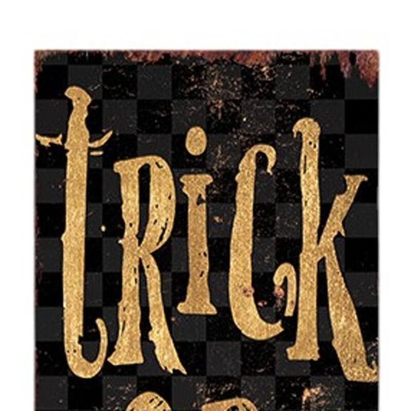 HomeRoots 36" Black And Gold Solid Wood Trick or Treat Halloween Skeleton Porch Sign
