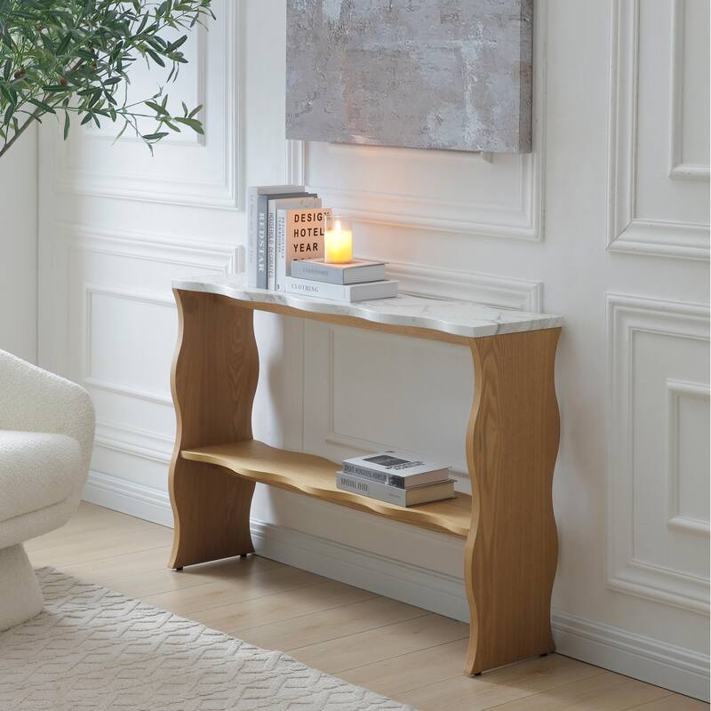 47.24" Whisper of Waves Modern Console Table / White Marble-Pattern Top, Solid Wood Veneered Sofa Table / Open Storage Shelf - Natural Wood