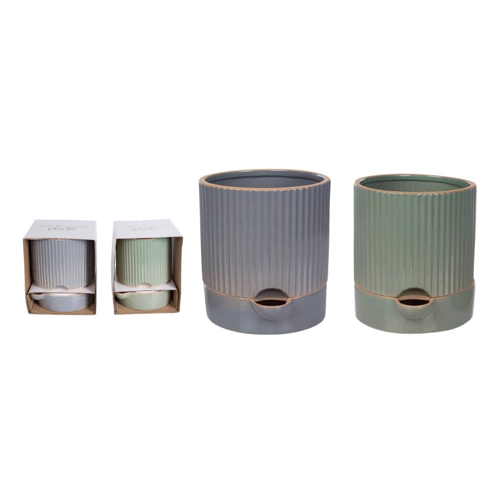 Transpac Large Terracotta Etched Self Water Planter Set of 2 Home Decorations Spring - Multicolor