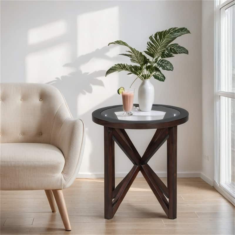 Modern Glass Coffee Table,Solid Wood Base Round Transparent Glass Top