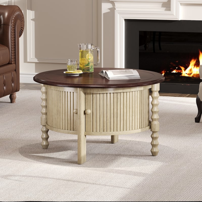 Vintage Round Coffee Table with Sliding Door Storage & Slatted Design - Beige&Espresso