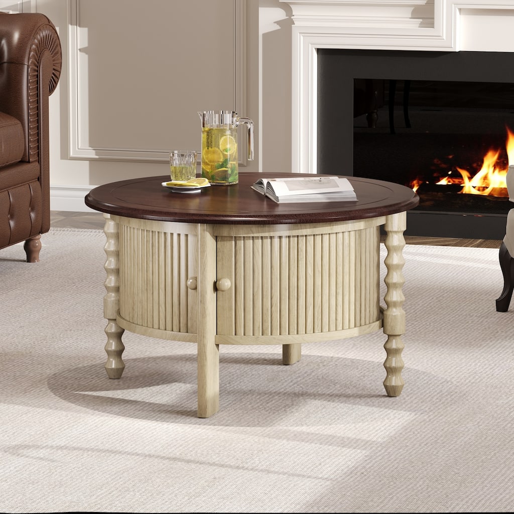 Vintage Round Coffee Table with Sliding Door Storage & Slatted Design