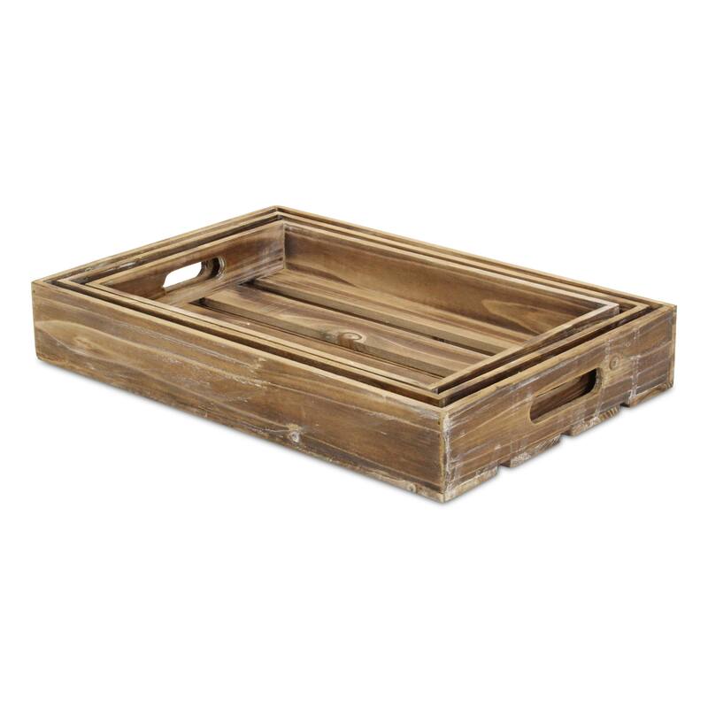 HomeRoots 19" Brown Rectangular Wood Handmade Tray With Handles