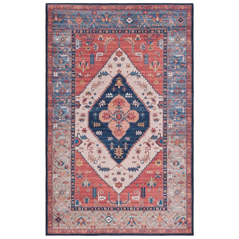 SAFAVIEH Tucson Machine Washable Slip Resistant Ozden Traditional Rug - 5' x 8' - Rust/Blue