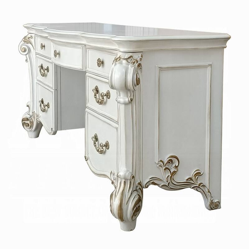 Antoine Vanity Desk, 7 Drawers, Antique Silver Wood, Gold, 65 Inch