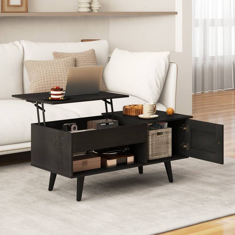 Open Shelf Coffee Table with Lift-Top Workstation and Hidden Storage Cabinet for Living Room - 39.5" x 19.5" x 18" (L x W x H) - Black