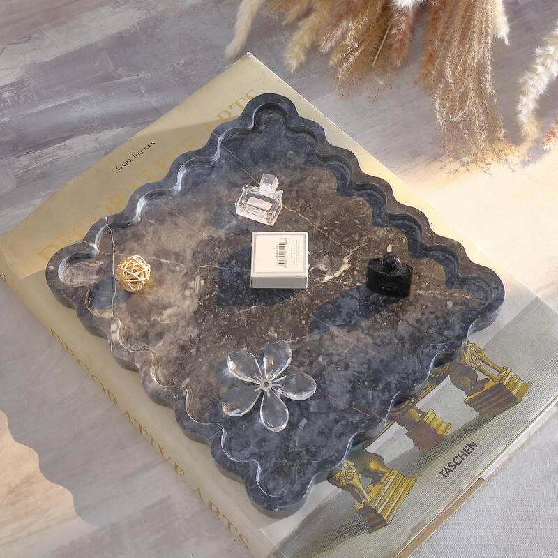 SAFAVIEH Home Ava Charcoal Marble Scalloped Tray - 12"W x 11"D x 1.1"H