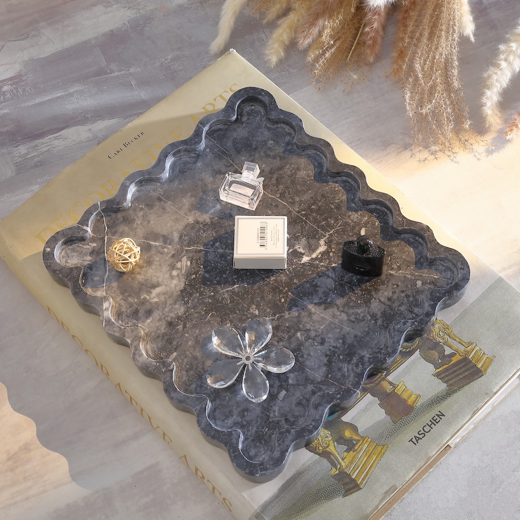 SAFAVIEH Home Ava Charcoal Marble Scalloped Tray - 12"W x 11"D x 1.1"H