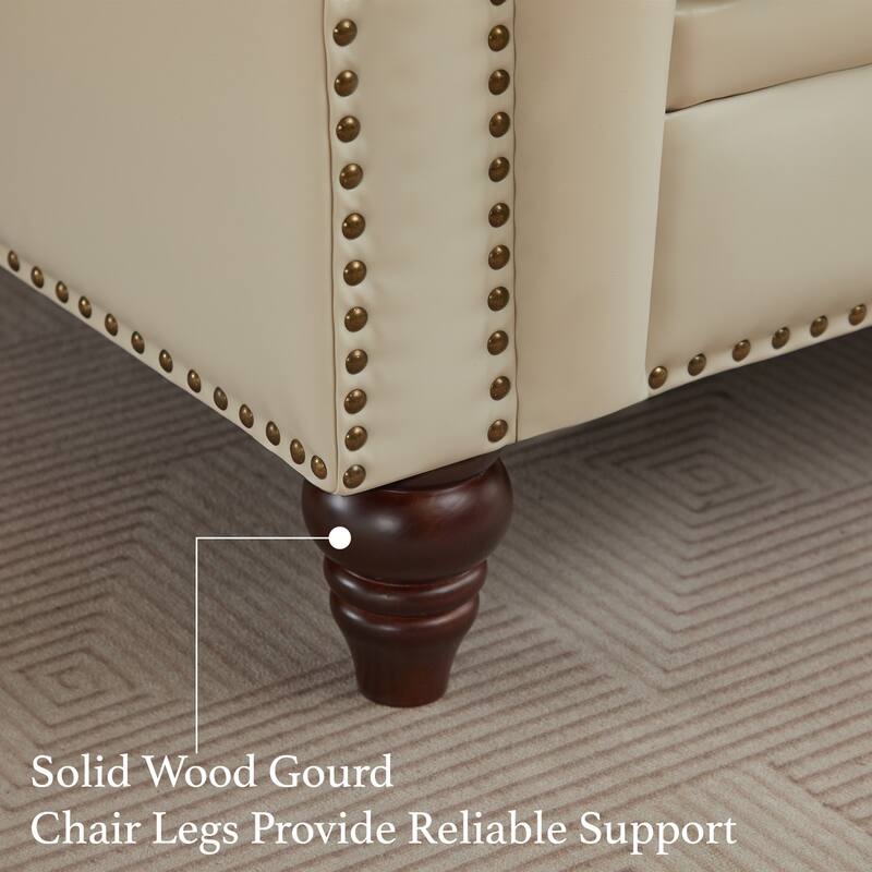 Vintage PU Button-Tufted Sofa Couch, Flared Arms, Rubberwood Legs & Nailhead Trim