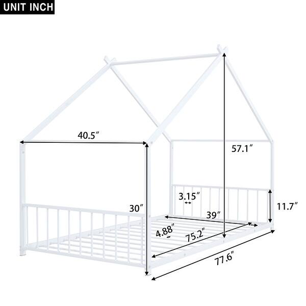 dimension image slide 5 of 6, Metal House Bed with Roof, Fence and Back for Kids, Boys and Girls, Bedroom