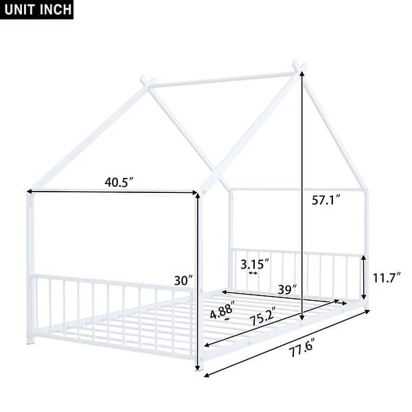 dimension image slide 1 of 3, Twin Size Metal House Bed, Montessori Bed with Fence & Roof Toddler Floor Bed with Safety Guardrail Playhouse Floor Bed Frame