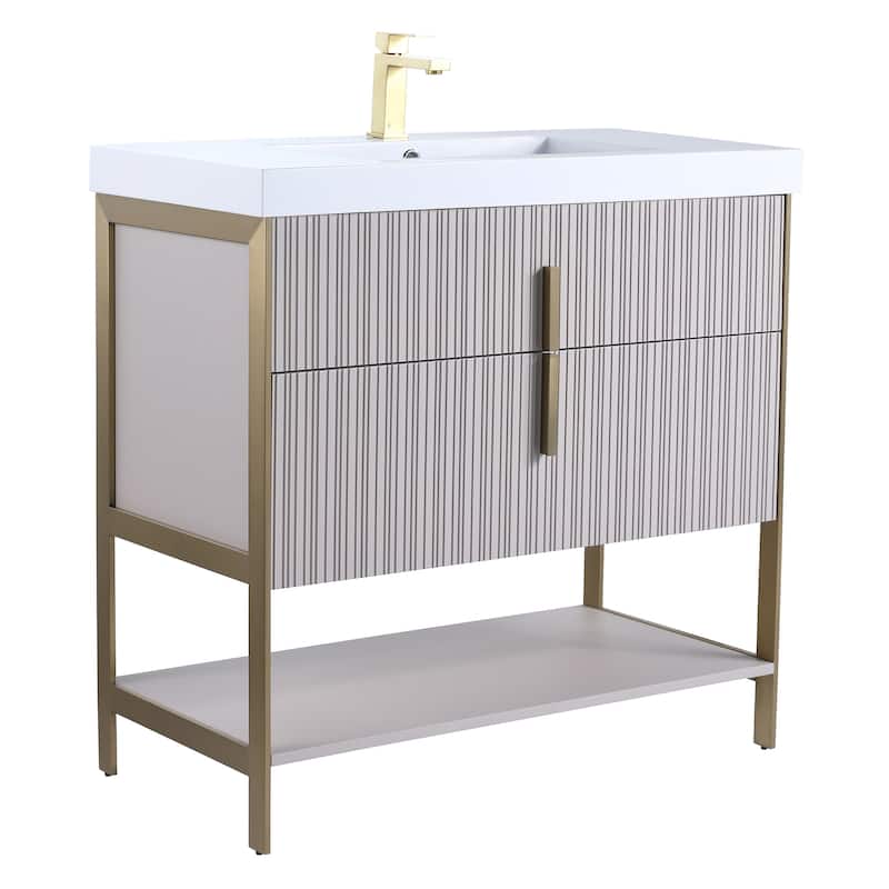 Fine Fixtures Serenity Modern Bathroom Vanity with White Gel Acrylic Top - Bright Taupe - Brass Hardware - 36 inch