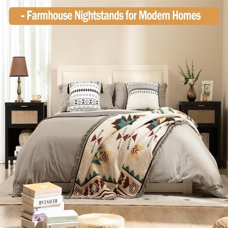 Rattan Nightstand Farmhouse Night Stands with Drawer