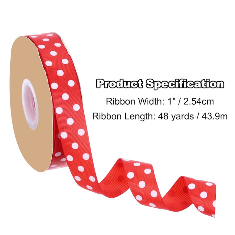 Polka Dot Craft Grosgrain Ribbon, 1 Inch x 48 Yard Grosgrain Ribbon Roll, Wired Edge Ribbon - Red