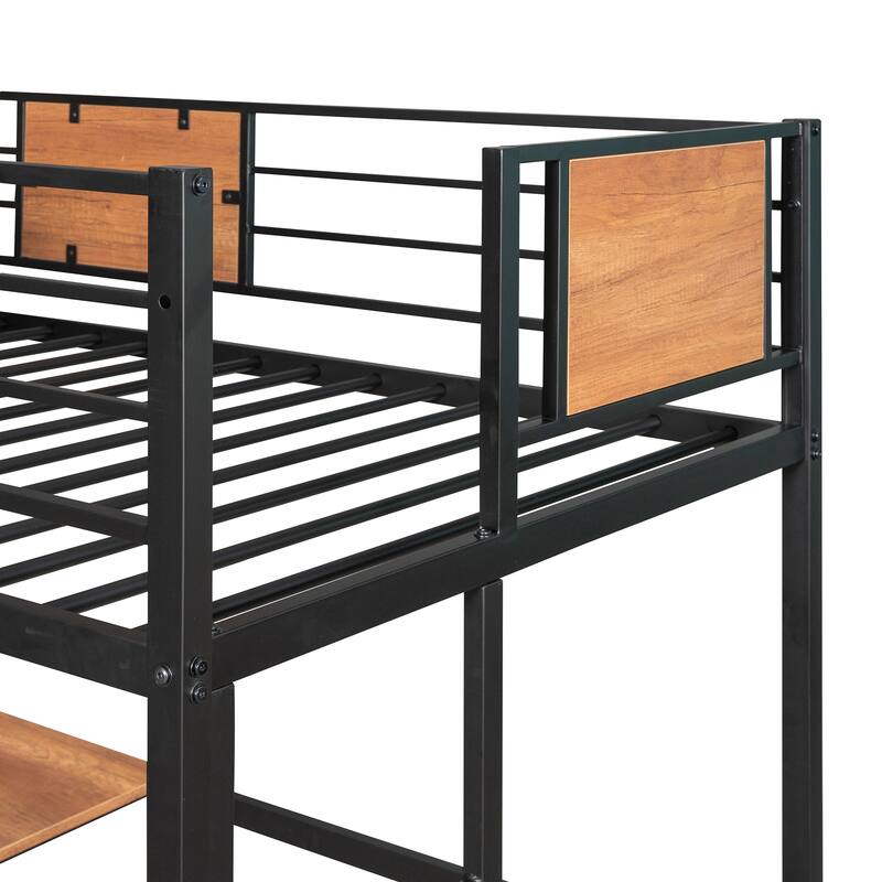 Metal Twin Loft Bed with Built-in Desk and Shelves, Ideal for Small Spaces