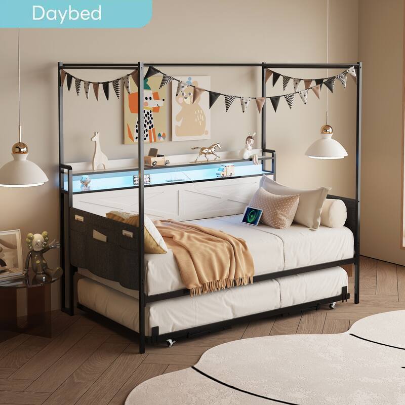 Twin Daybed with Trundle, Metal Trundle Bed Version, Sofa Bed Frame Reinforced by Heavy-Duty Metal Slats - White