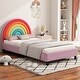 preview thumbnail 2 of 6, Colorful Wood Frame Small Singel Platform Bed with Rainbow Design Headboard