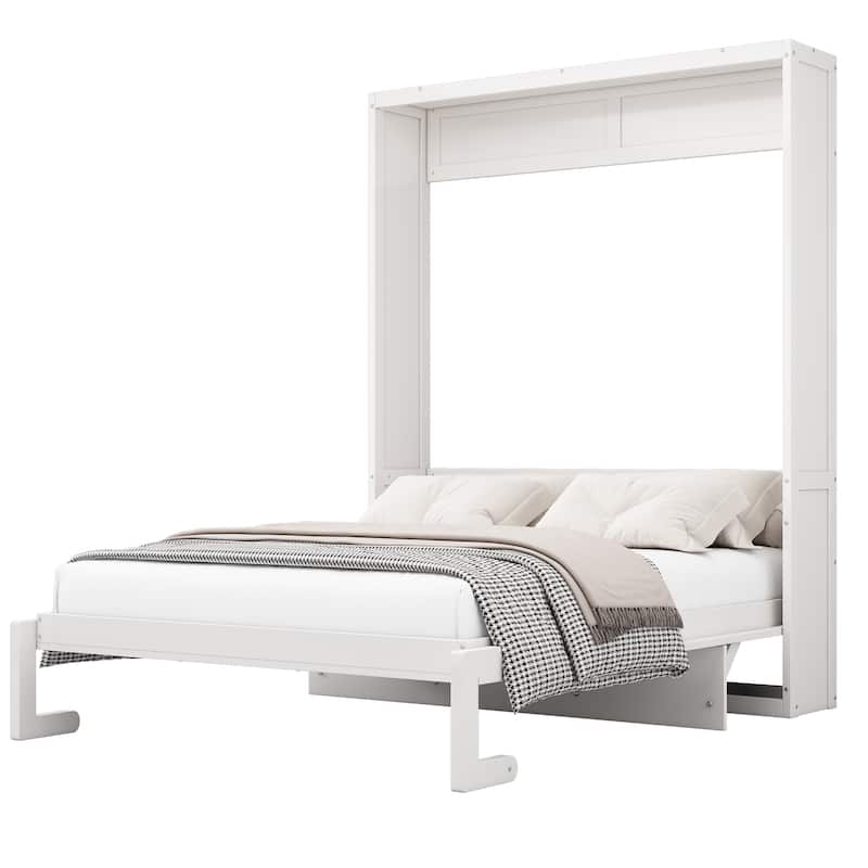 Full/Queen Murphy Bed Cabinet Bed with Built-in Desk, Space Saving Foldable Wooden Wall Bed for Guest Room, Study, Office