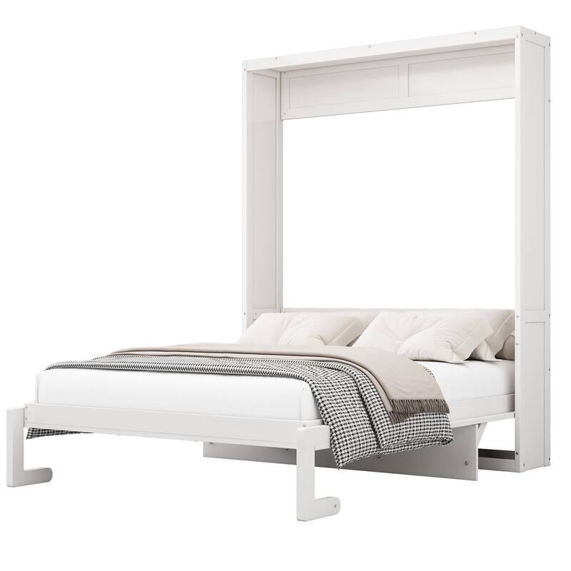 Full Size Murphy Bed,61.5-inch Cabinet Bed Folding Wall Bed with Desk Combo Perfect for Guest Room, Study, Office, White