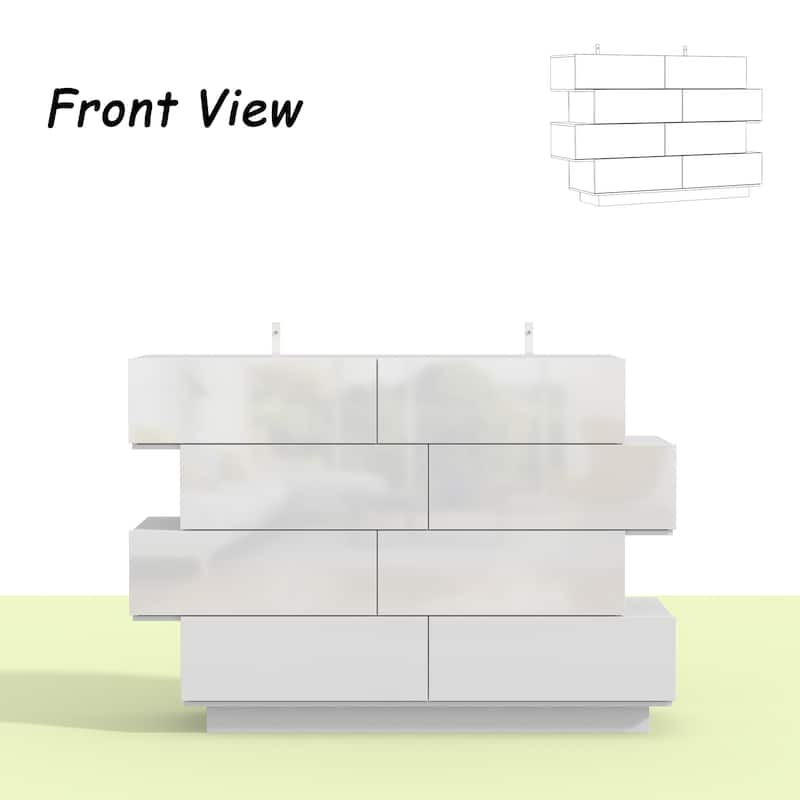 Contemporary High Gloss White Eight-Drawer Dresser, Chest of Drawers