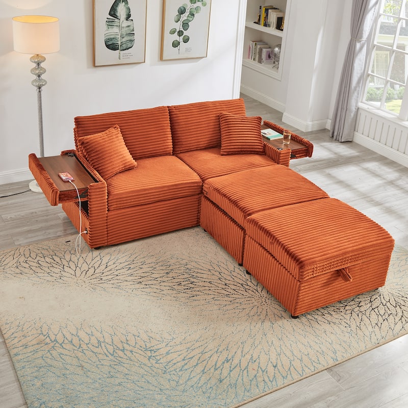 Modular Chaise Sleeper Sofa Bed, Corduroy Loveseat Couch & Storage Ottomans Set with Folding Table Boards and USB Ports