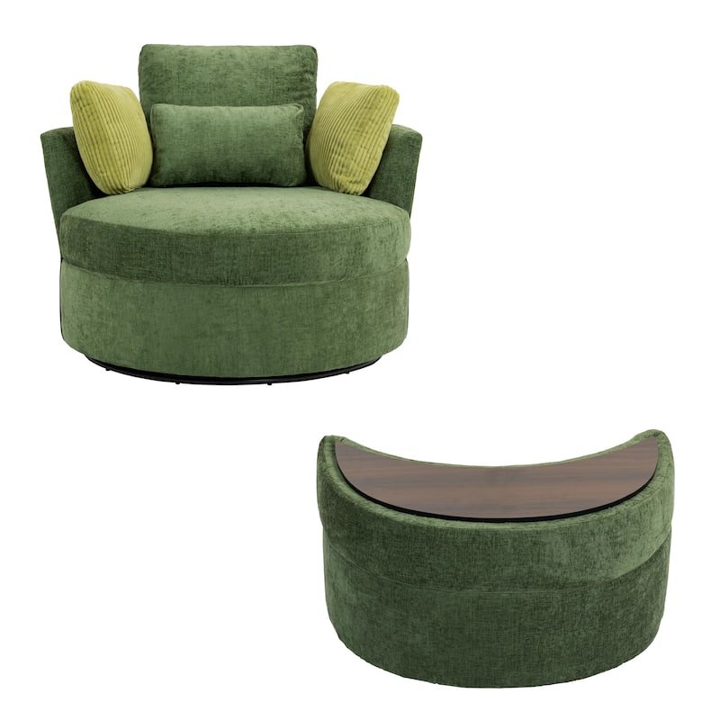 Upholstered Swivel Accent Chair with Wooden Tray Storage Ottoman