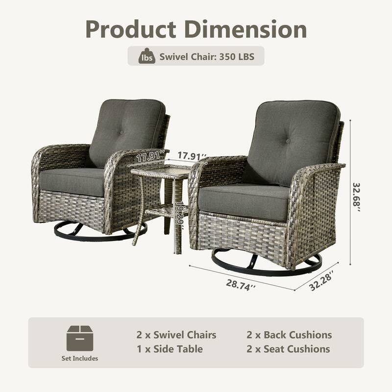 HOOOWOOO 3-piece Grey Wicker Patio Swivel Rocking Chair Set