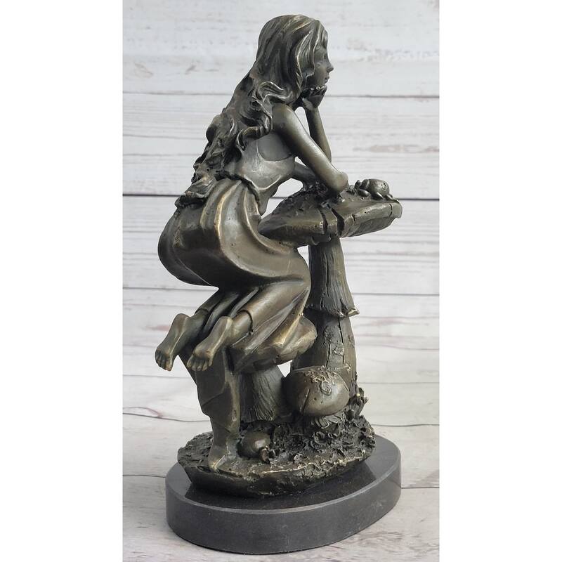 Girl Sitting On Mushroom Toadstool Alice Wonderland Bronze Figure Sculpture 10 Inches X 5 Inches