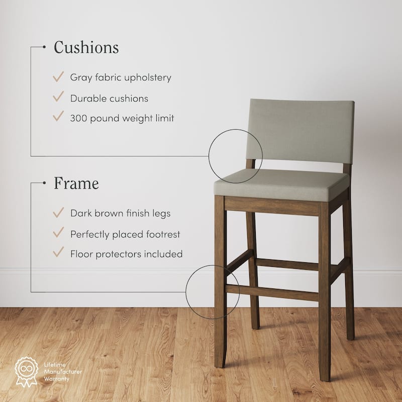 Nathan James Linus Modern Upholstered Bar Stool with Back and Solid Rubberwood Legs