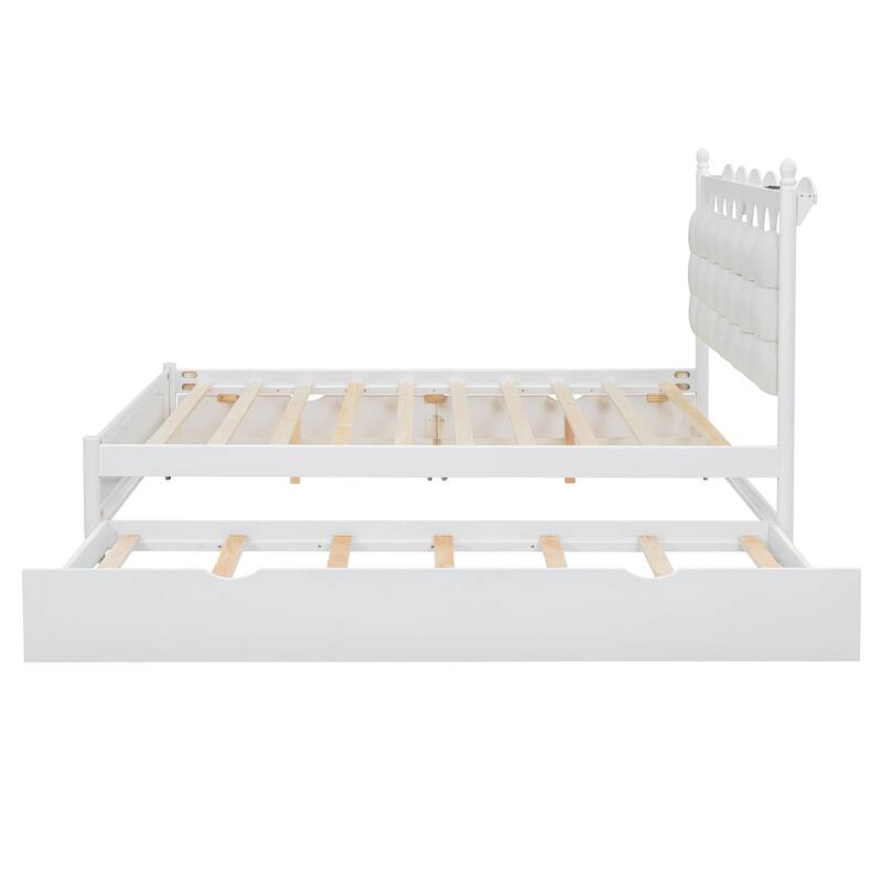 Queen Size Wooden Platform Bed Frame with Trundle, 2 Big Drawers and USB Ports, Stylish and Functional Bedroom Furniture