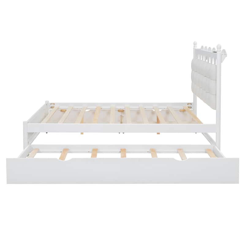 Queen Size Wooden Platform Bed with Twin-XL Size Trundle USB Ports Bedroom Storage Platform Bed with 2 Big Drawers