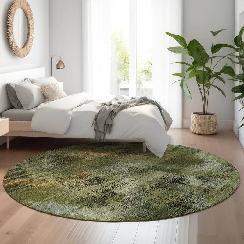 Premium Washable Super Soft Brushstrokes Modern V Mayfield Rug - Olive - 8' x 8' - Round