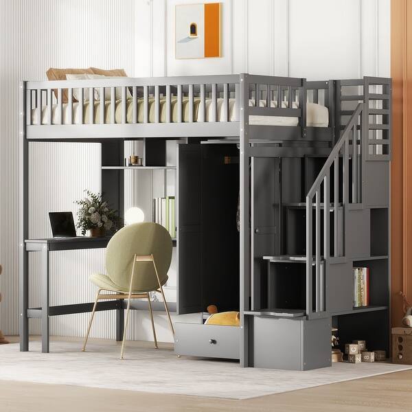 slide 2 of 13, Twin Size Loft Bed with Bookshelf, Drawers Desk and Wardrobe, Gray Gray - Twin