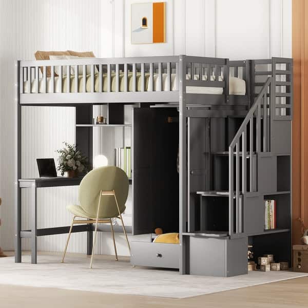 slide 2 of 18, Twin size Loft Bed, Maximized Storage Space, Grey Grey