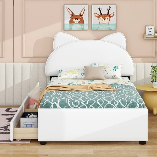 slide 2 of 16, Twin Size Upholstered Platform Bed with Cartoon Ears Shaped Headboard and Drawers White - Twin