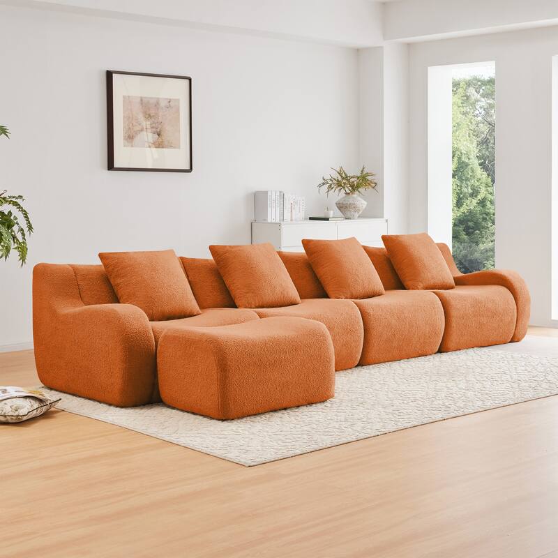 Teddy Fabric Anti-Slip Design Boneless Sofa - Orange(4 Seat+1 Ottoman)